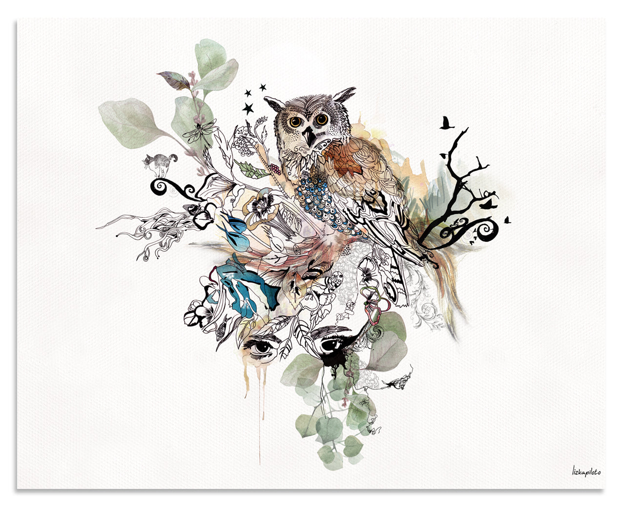 Owl Watercolor Painting - Brown, Blue, Black - Liz Kapiloto Art & Design