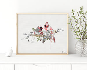 cardinal watercolor painting, in a gold frame