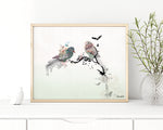 black ink and watercolor birds painting, in a gold frame