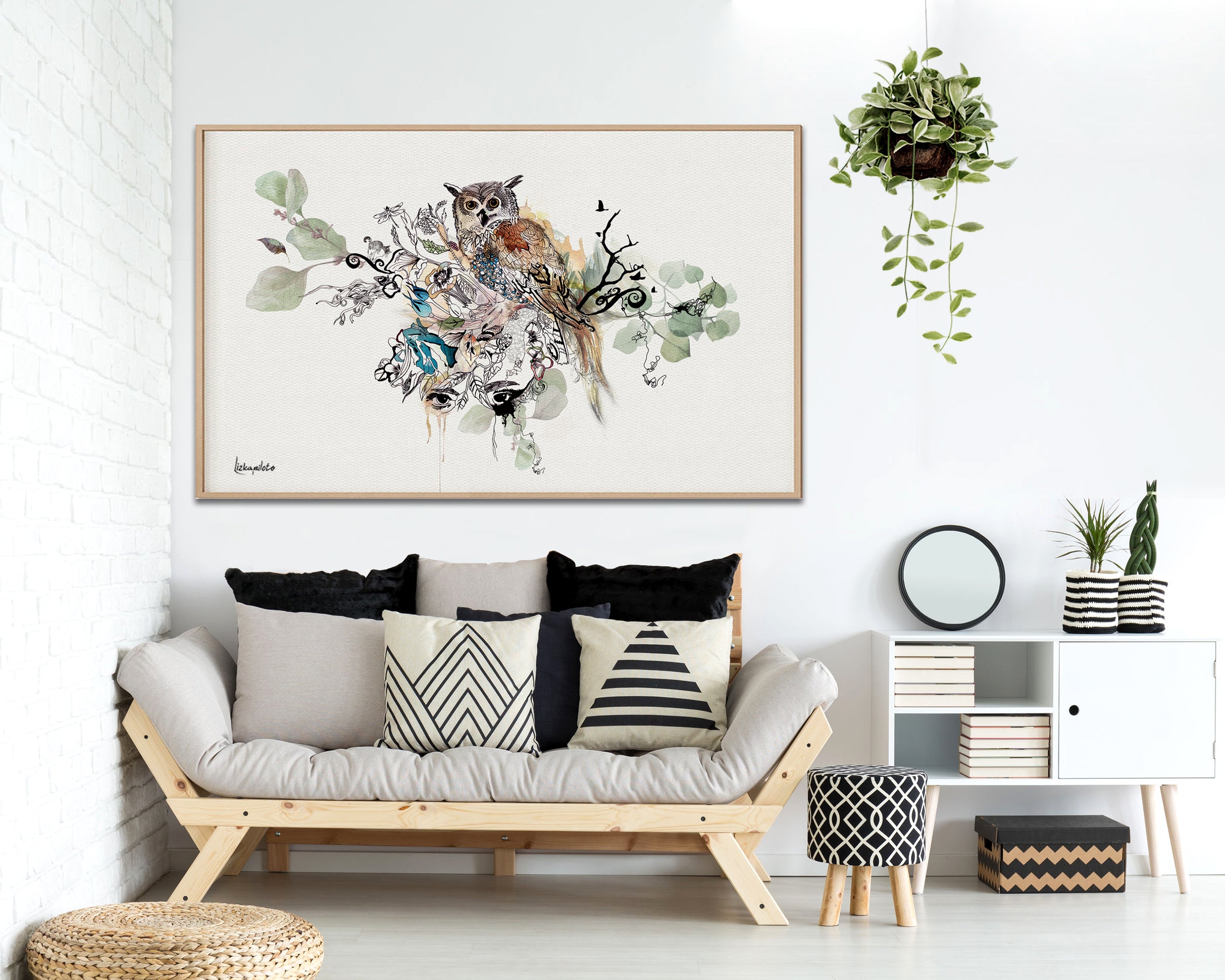 Owl watercolor painting, framed and hanged in a nordic living room