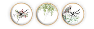 3 Round Wall Clocks: Red Cardinal Clock, Green Leaf Clock, Parrot Clock - Liz Kapiloto Art & Design 