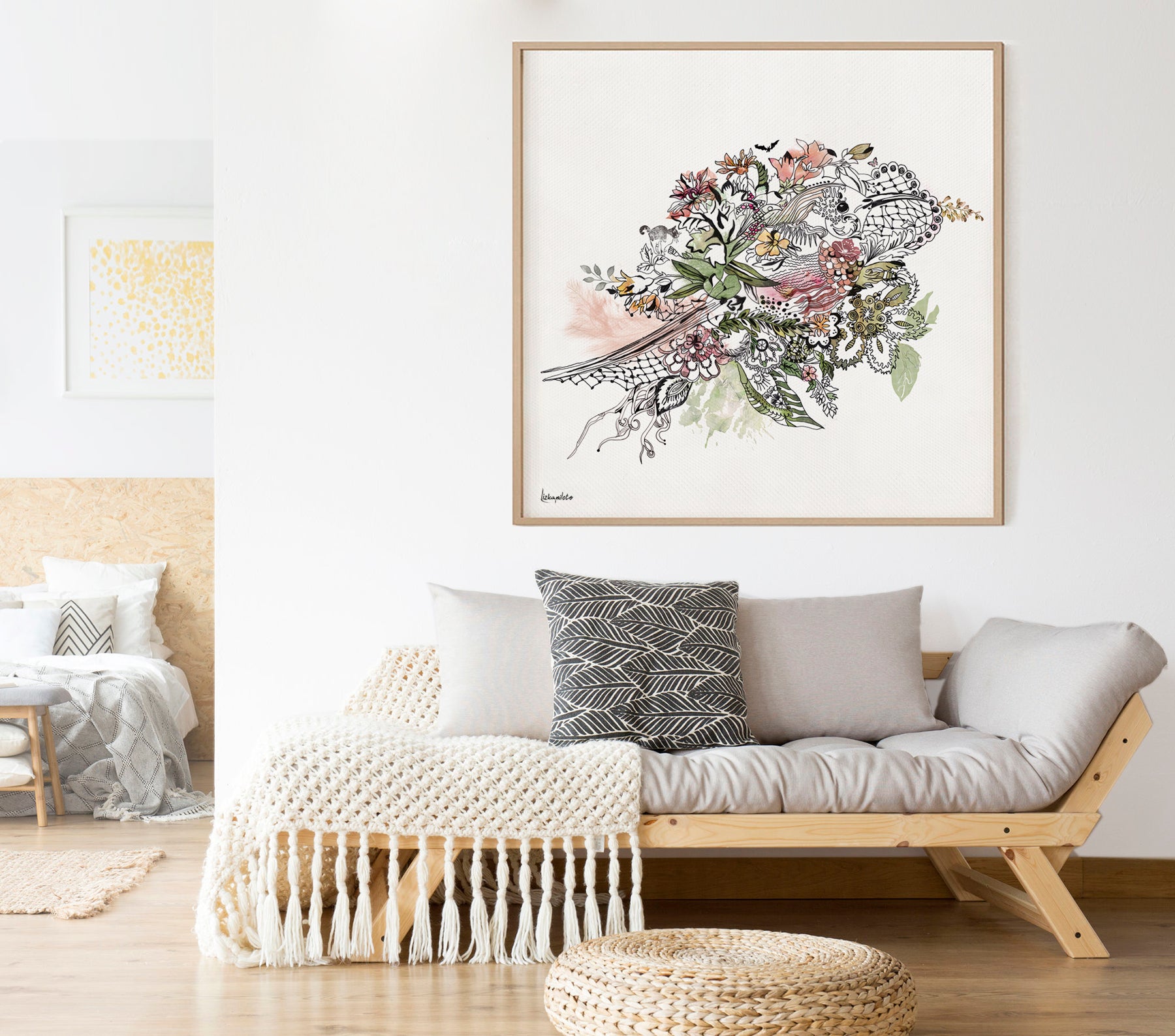Birds art print framed and hanged above a sofa