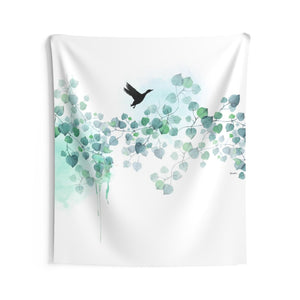 Large wall tapestry with watercolor turquoise leaves on a white background