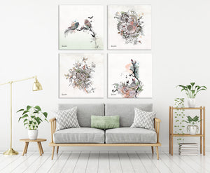 Set of 4 Paintings Above Gray Sofa- Liz Kapiloto Art & Design