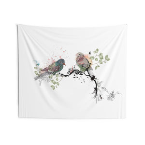 Boho wall tapestry with birds on branch print 