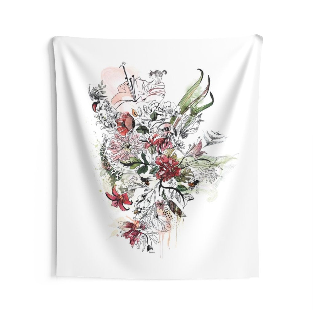 boho wall tapestry with a print of red flowers and green leaves