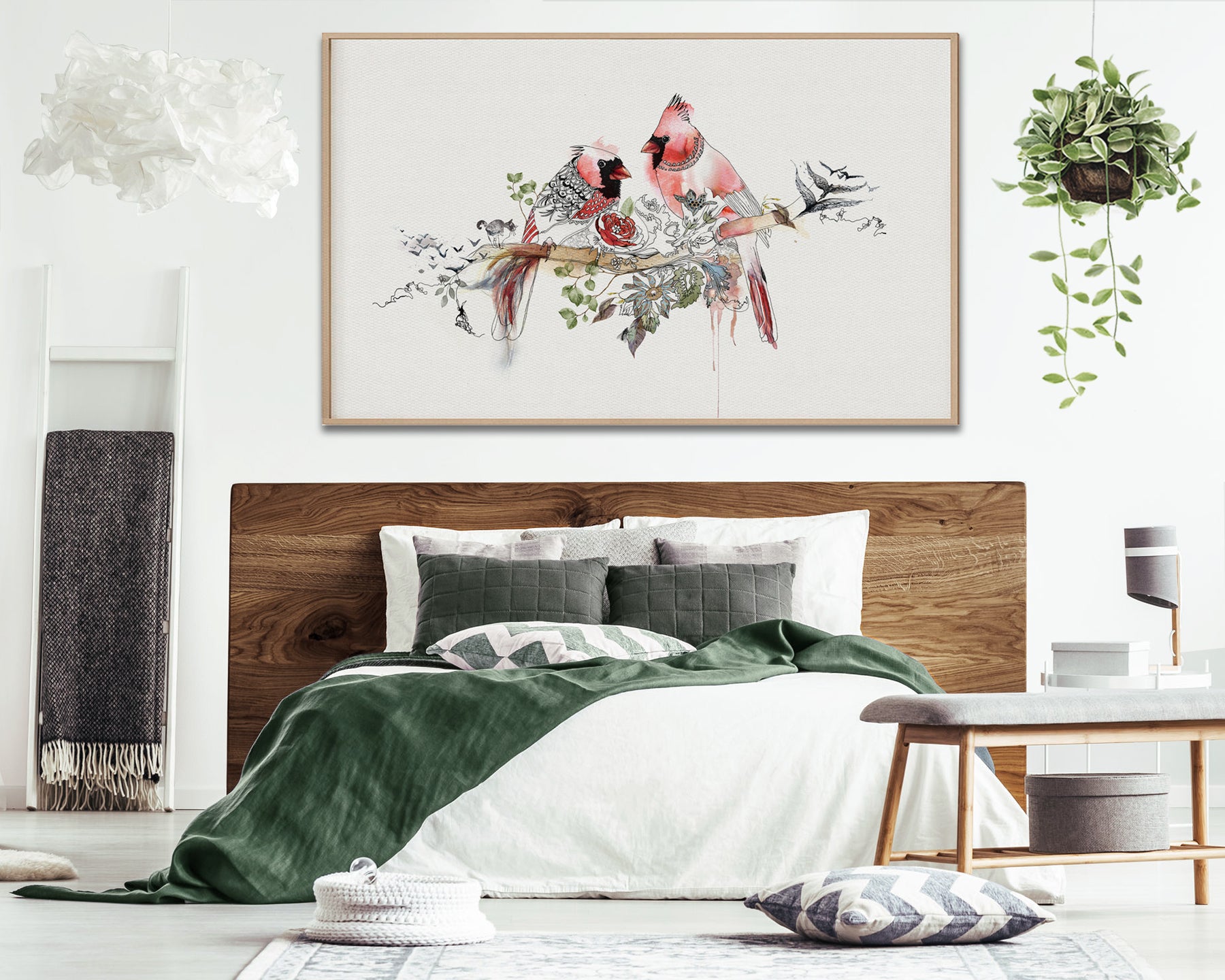 red birds painting on canvas, above bed