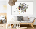 Colorful zebra illustration on canvas, hanged above couch