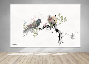 birds standing on a branch artwork, contain soft watercolors and black ink
