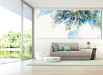 Panoramic wall art of blue abstract painting, hanged on a modern living room