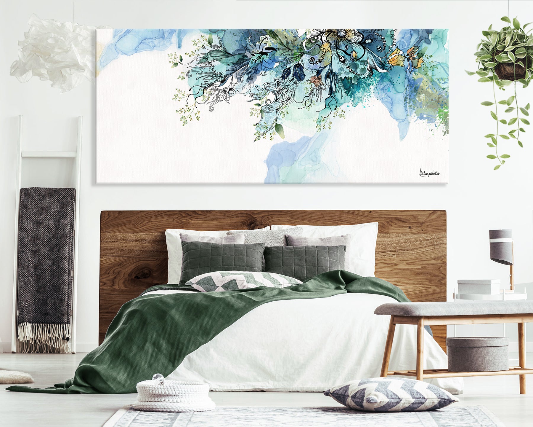 Turquoise abstract painting on large canvas, on bedroom wall
