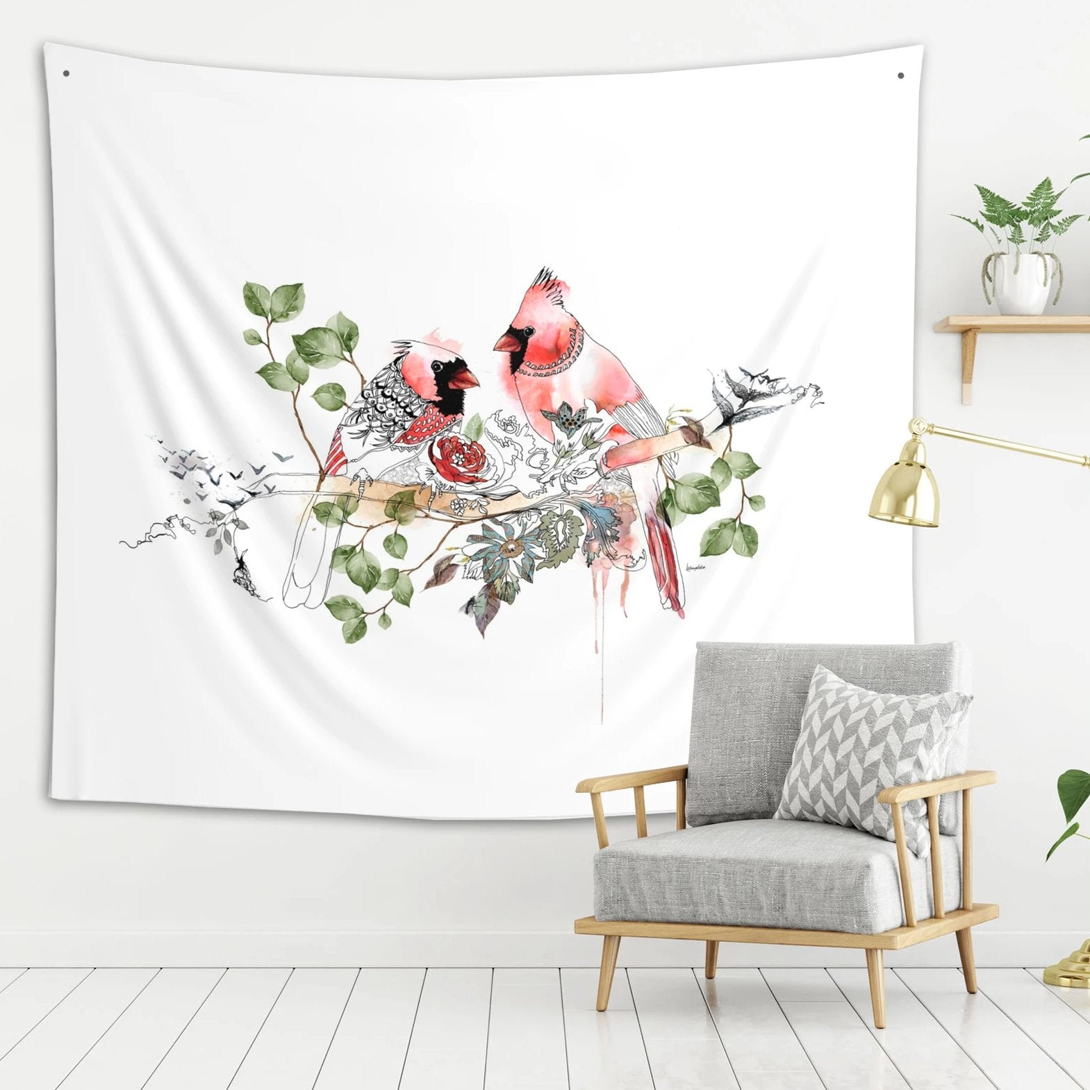Red birds wall tapestry, hanged on a white wall  | Liz Kapiloto Art & Design