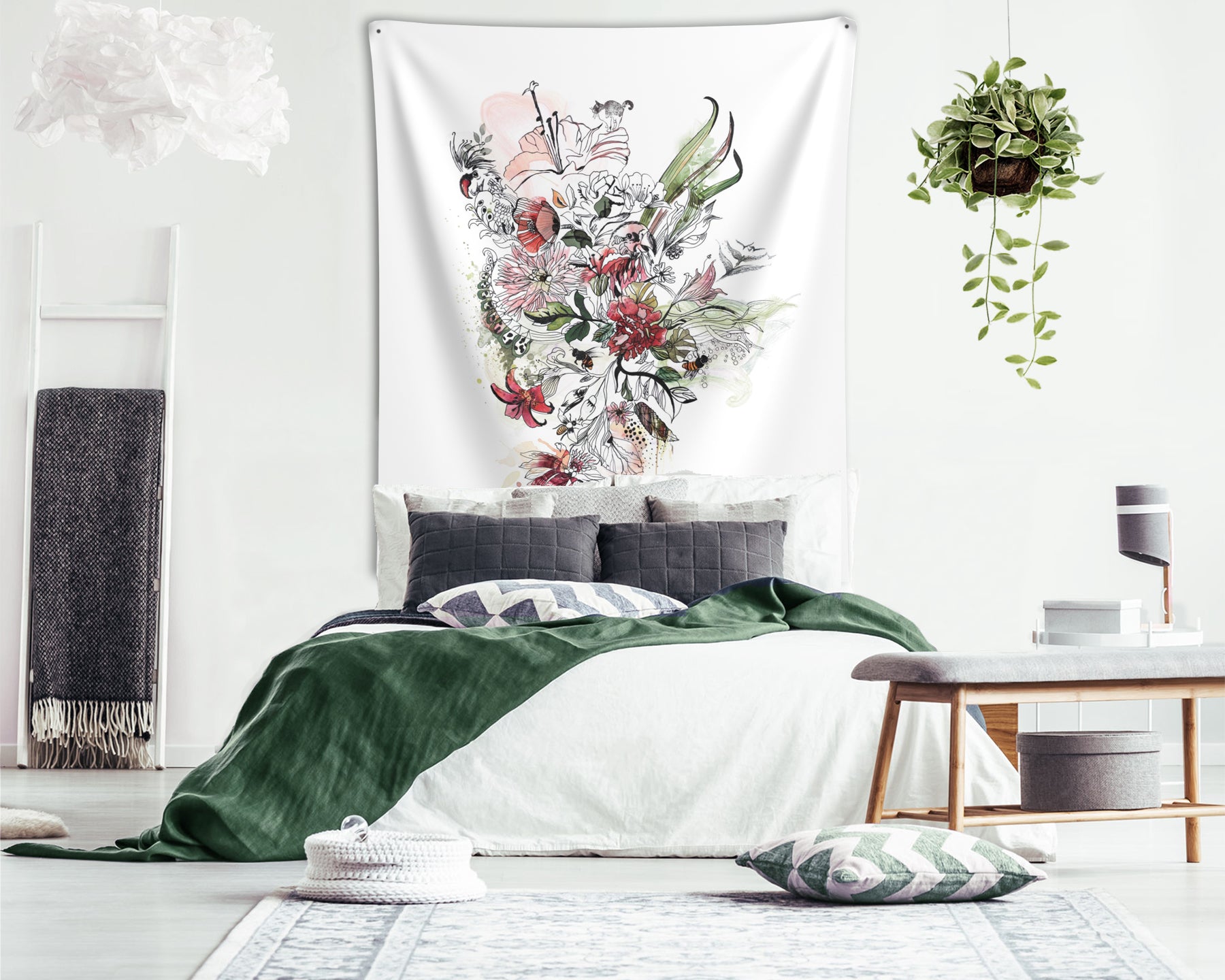 bedroom space with a red flowers wall tapestry, hanged on a white wall