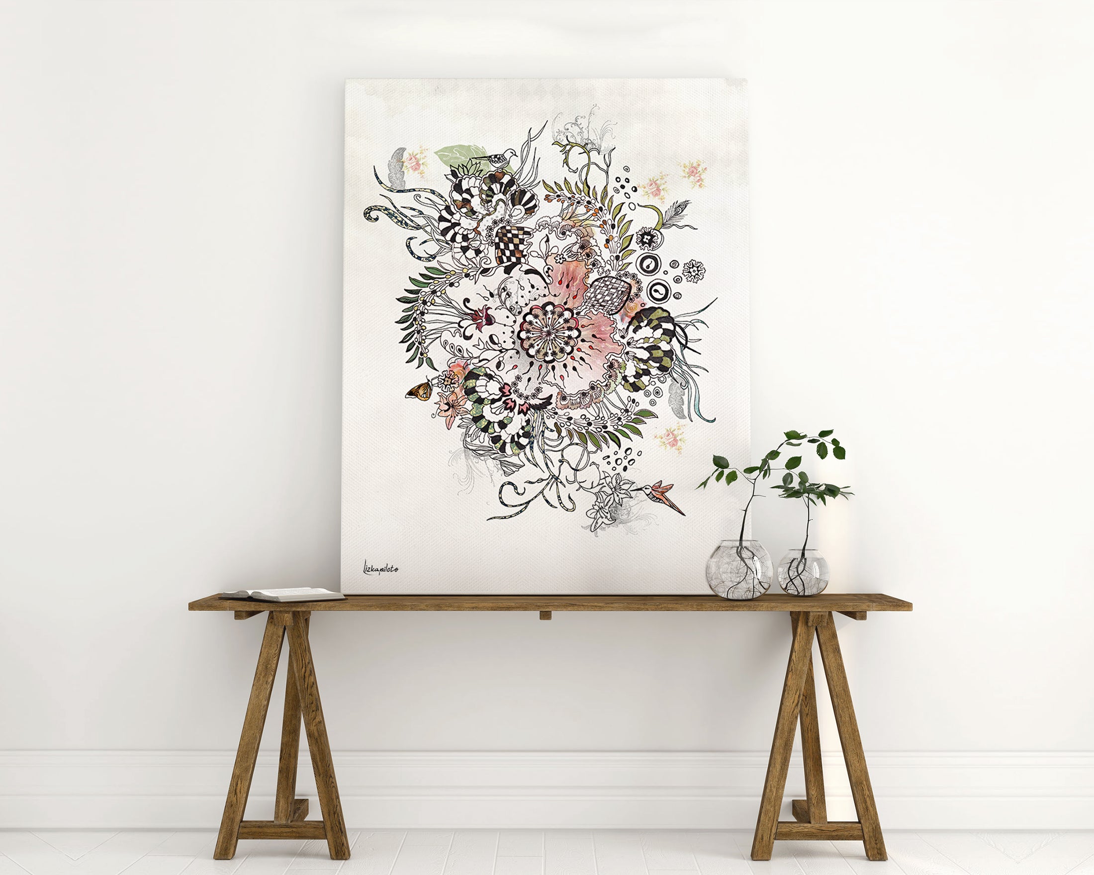 Abstract mandala painting, with plants and birds - made with black ink pen and watercolors
