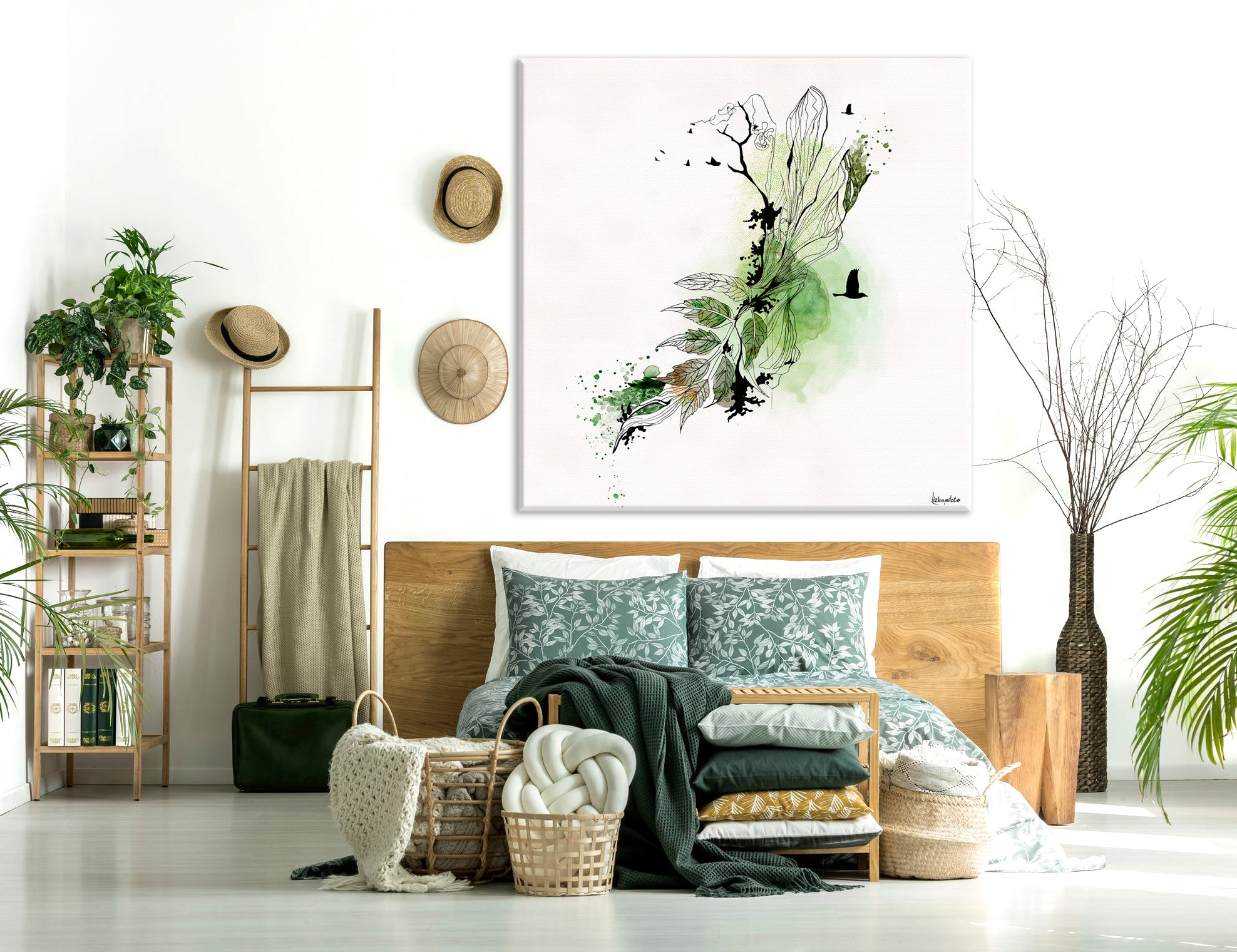 Large abstract painting on bedroom wall