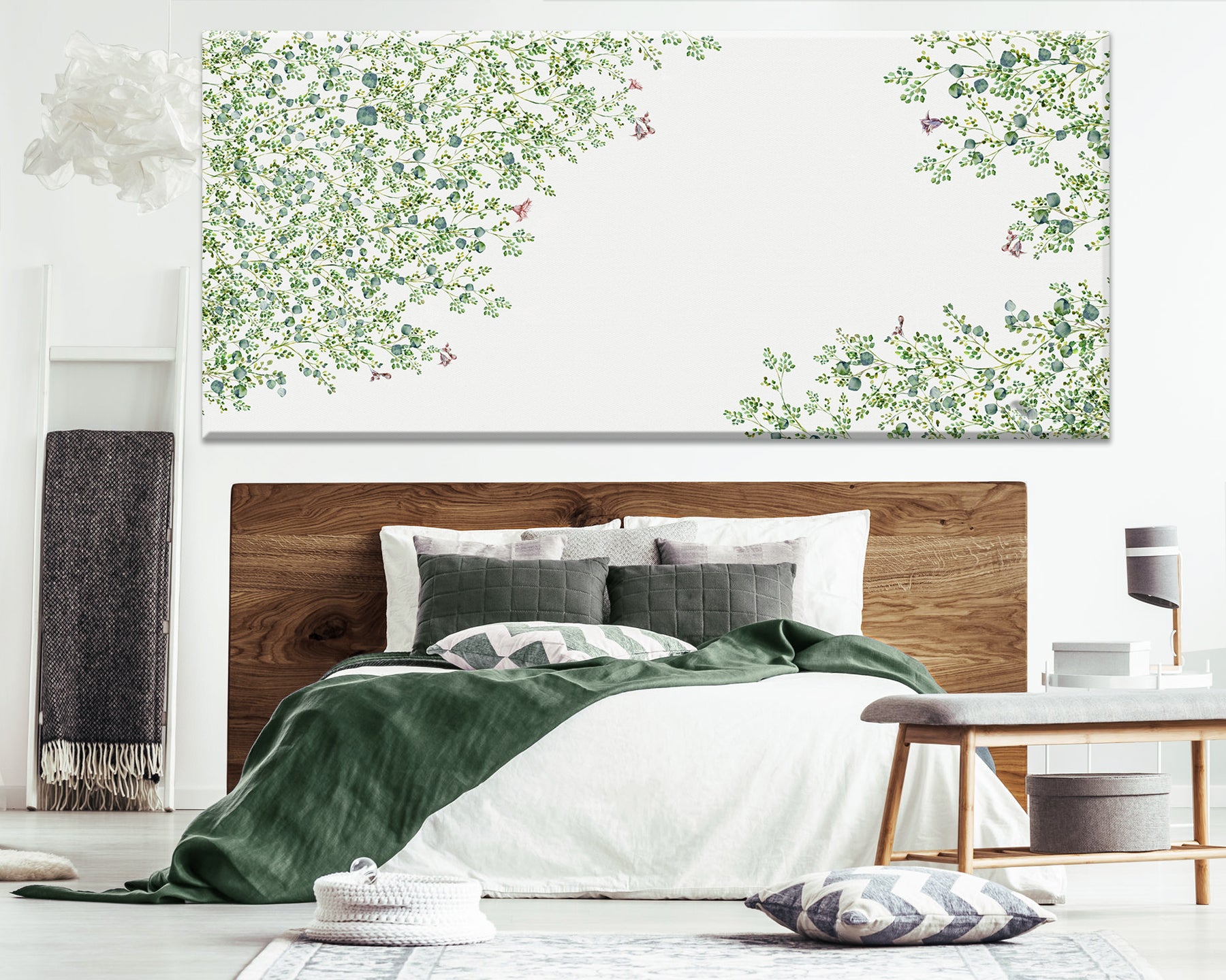 Canvas painting of a green abstract tree, hanged above bed 