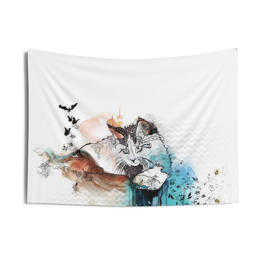 Wall tapestry with a cat painting on a white background