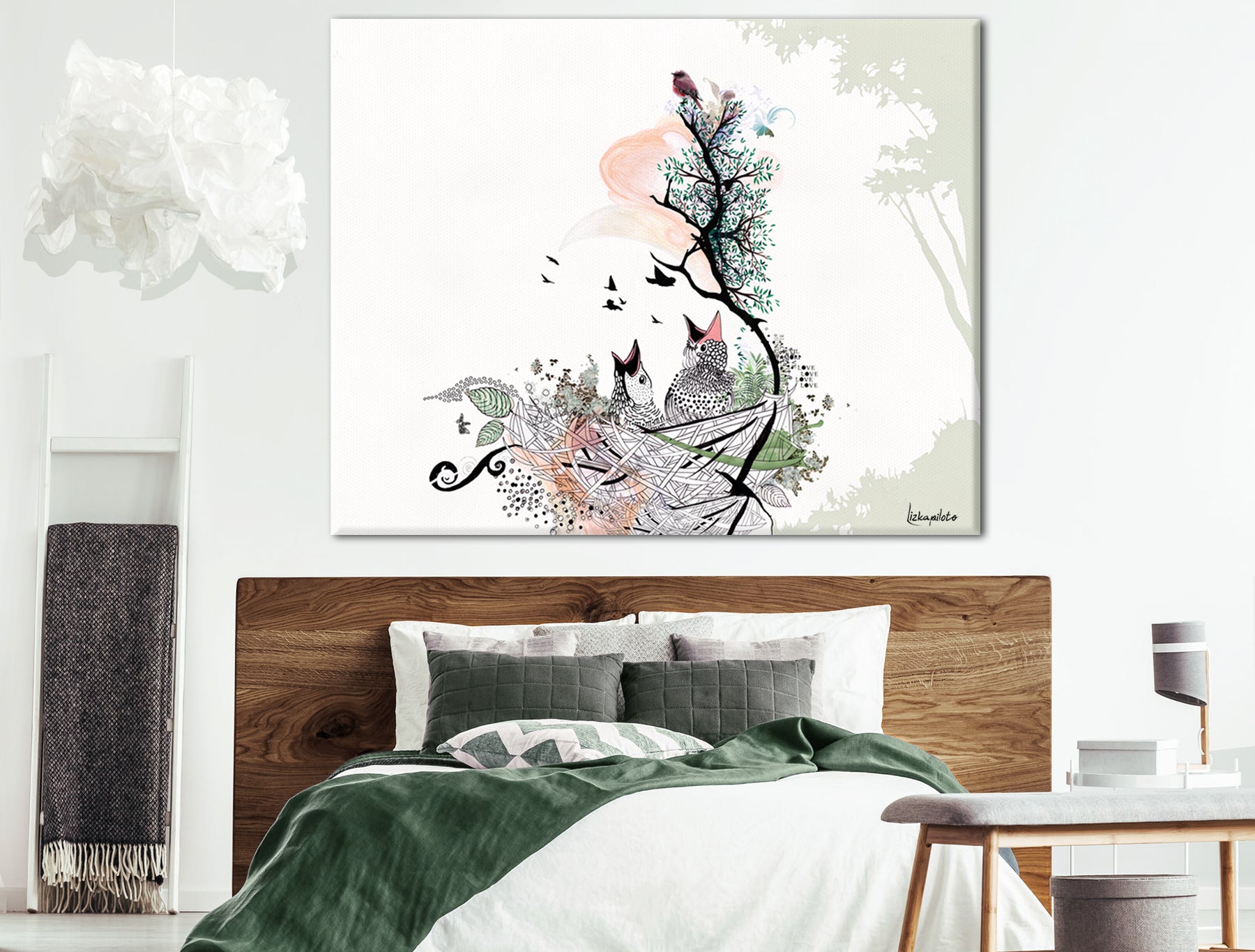 painting of baby birds in a nest, above bed