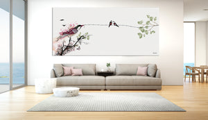 Panoramic painting of birds on a wire with a purple and black