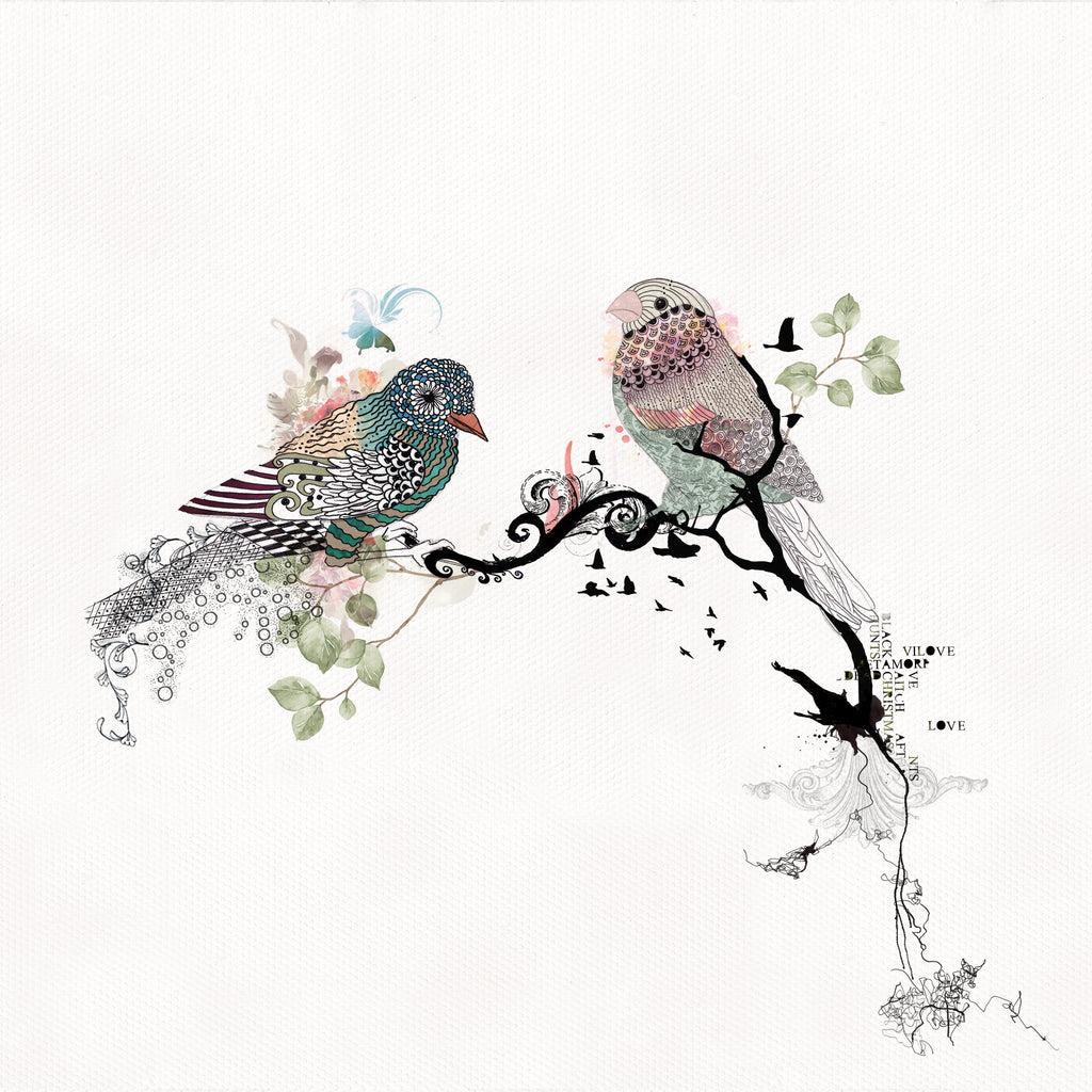 love birds watercolor painting - soft pastel colors and black ink - Liz Kapiloto Art & Design
