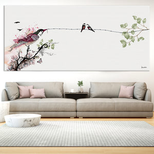 Bird on a wire painting - Large panoramic art - Liz Kapiloto Art & Design