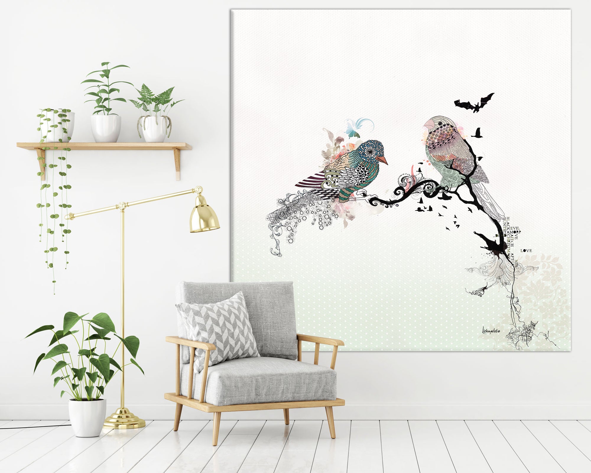 Large canvas of love birds art with soft colors like green and pink