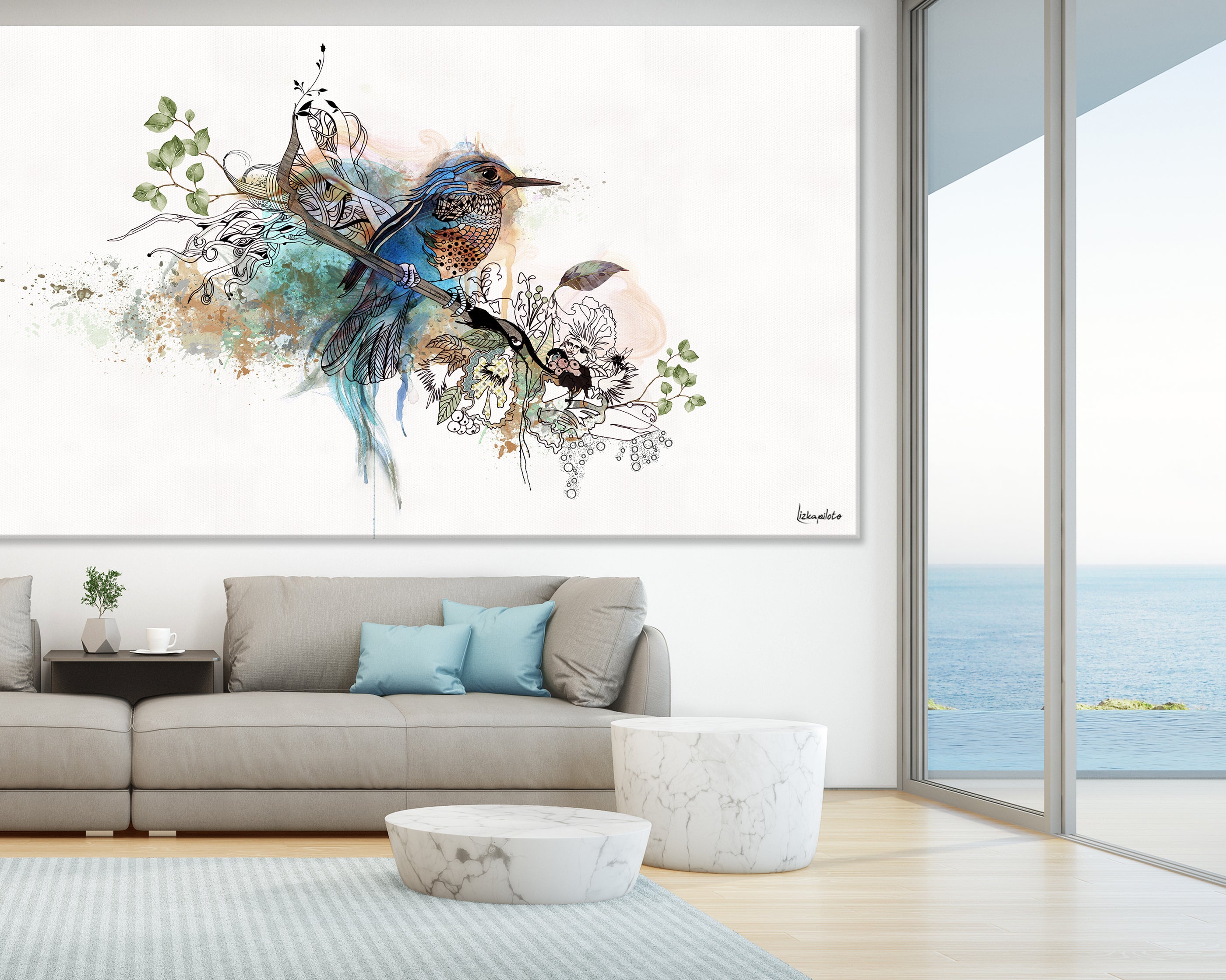 Large wall art of blue bird painting, above sofa