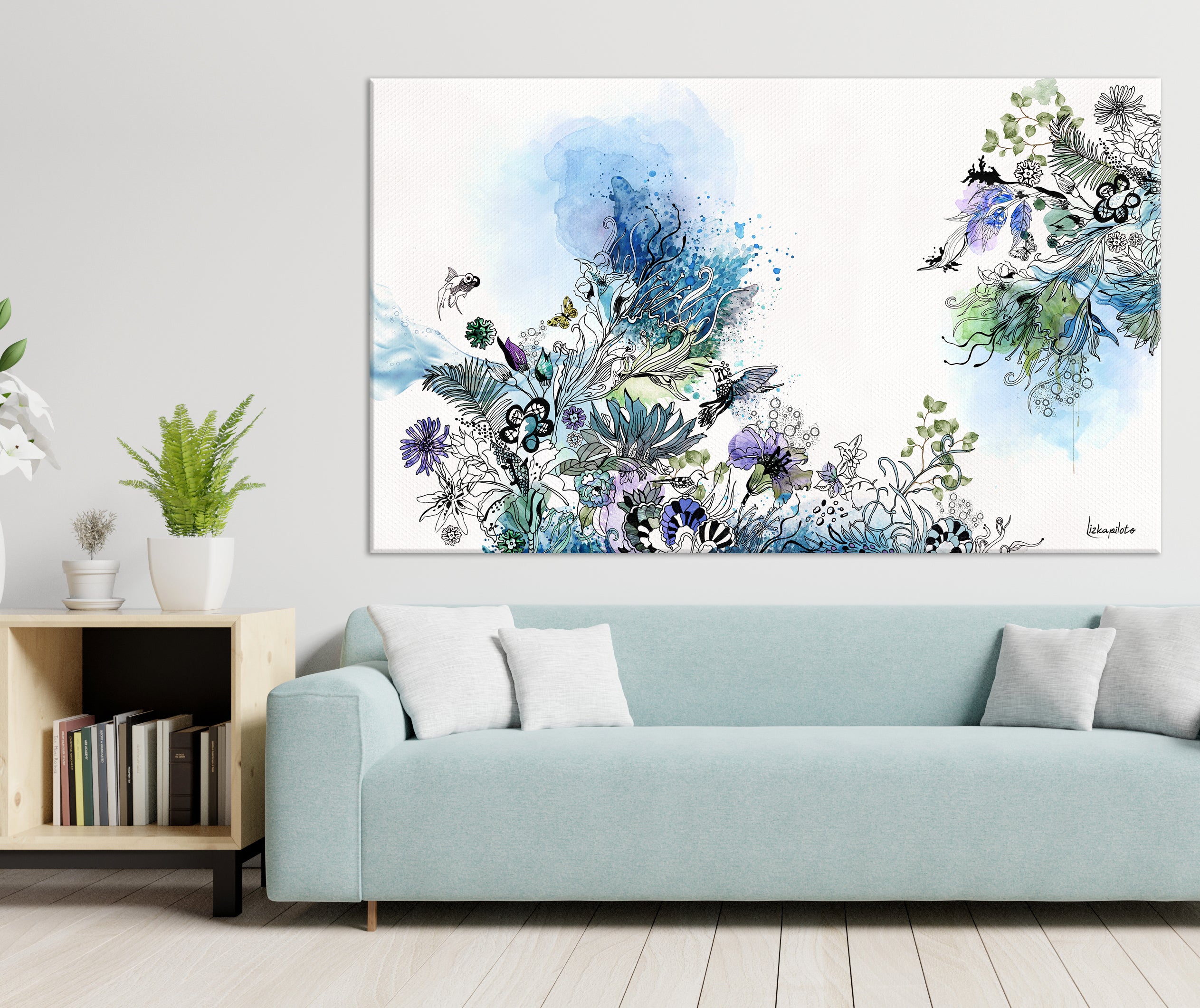 A large abstract painting, above light blue sofa