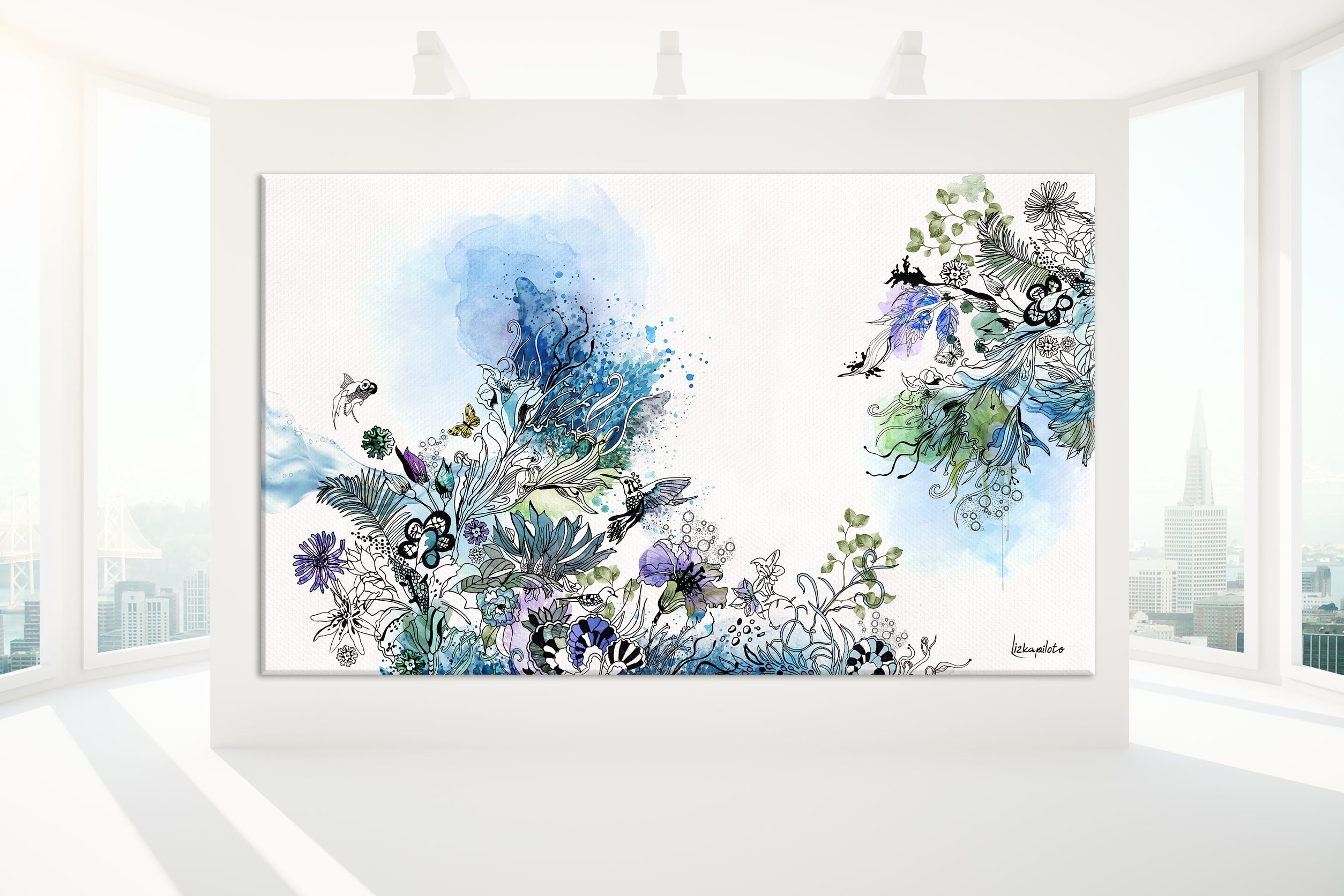 A panoramic blue abstract artwork of watercolors