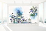 A panoramic blue abstract artwork of watercolors