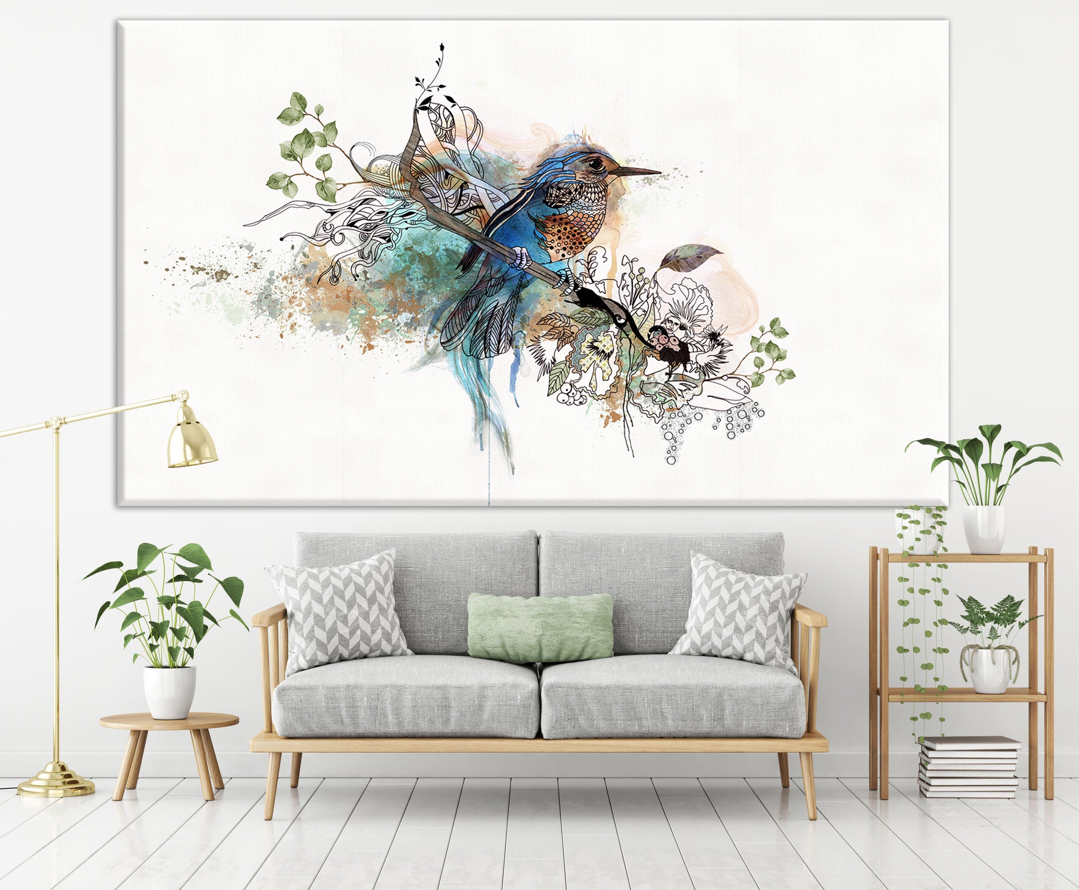 Blue bird wall art watercolor, hanged above gray sofa