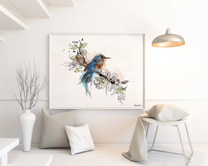 Kingfisher art framed and hanged on a white wall