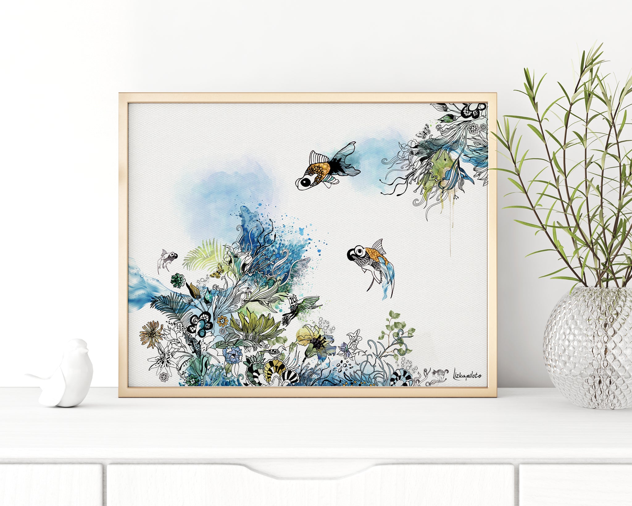 watercolor painting of blue corals and goldfish around