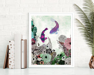 Colorful koi fish painting with flowers.