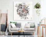 Large colorful canvas painting on living room wall