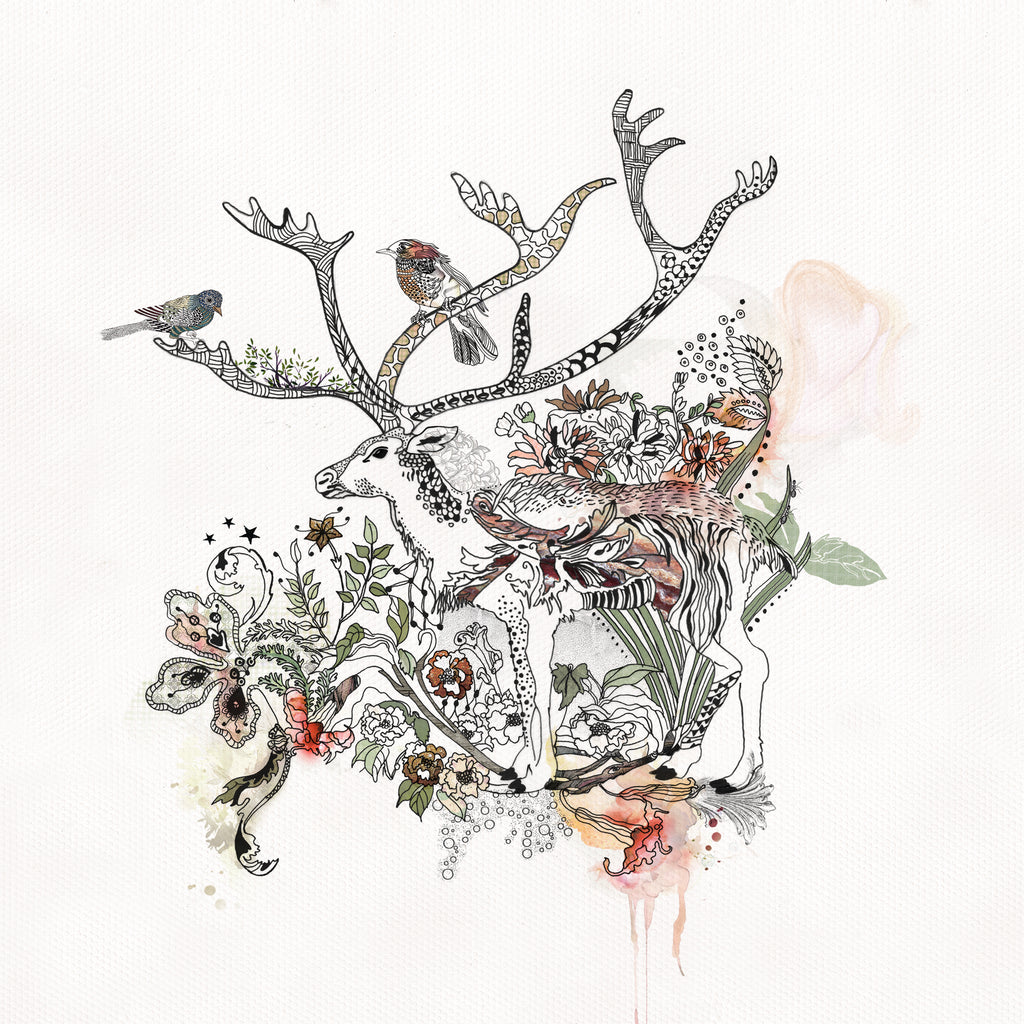 Deer illustration with birds and flowers around - Liz Kapiloto Art & Design 