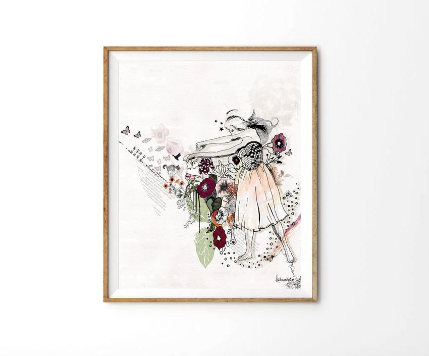 Framed collage art of dancing woman