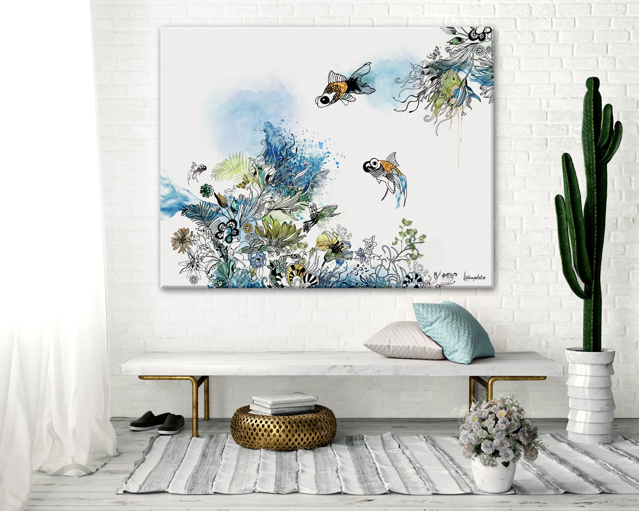 large blue abstract painting of corals and goldfish