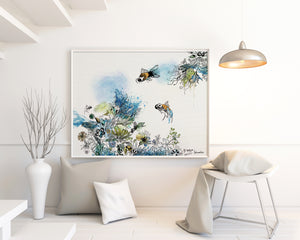 fish painting, framed and hanged on a white wall