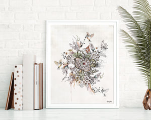 Floral abstract painting with a lot of details flowers and birds around