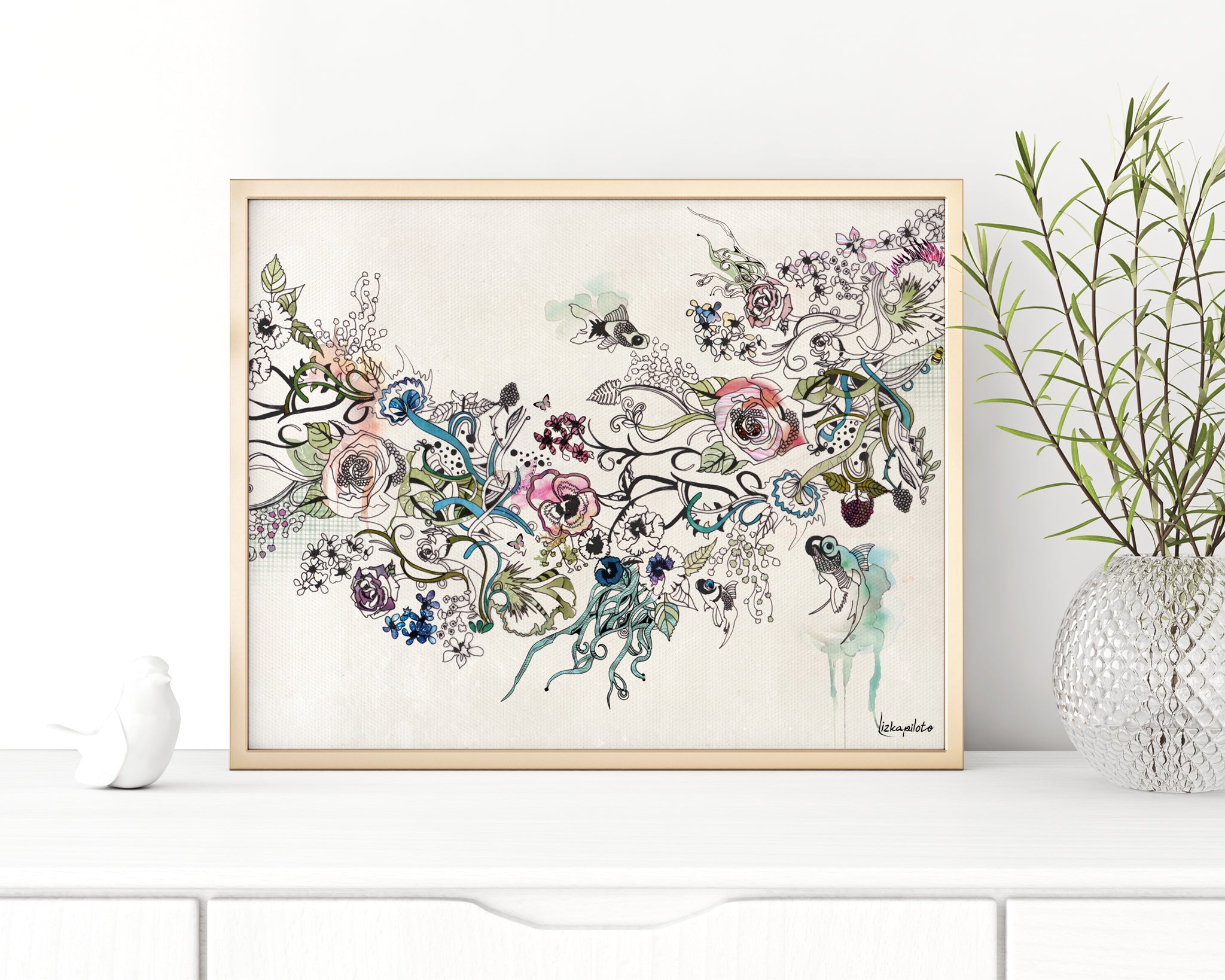 Floral watercolor painting in a gold frame