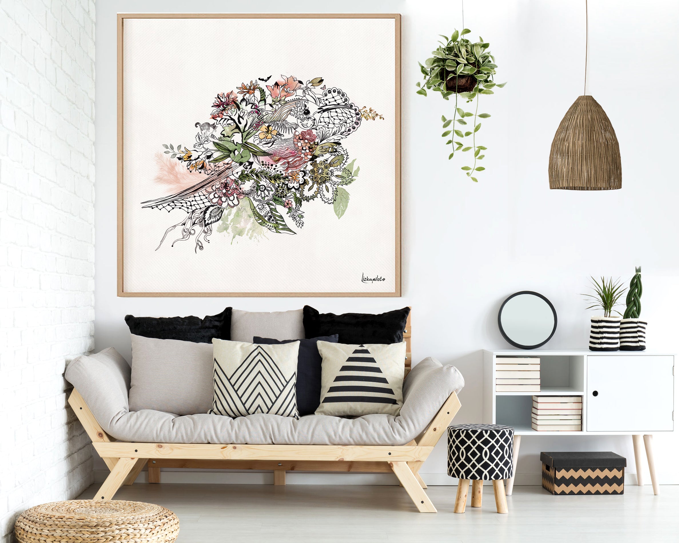  A large painting of floral bird hanged on the modern living room