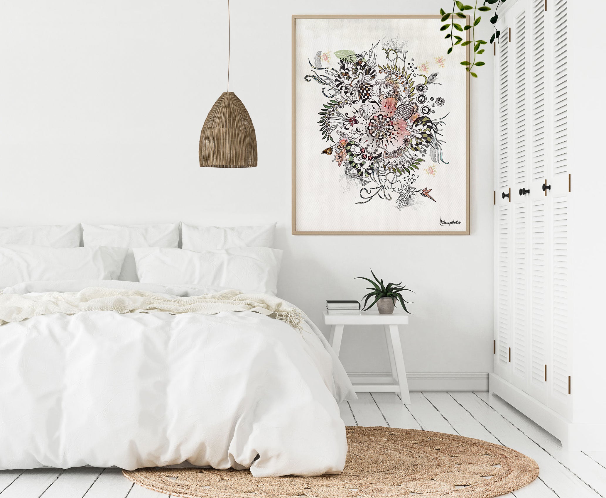 Red and black floral painting on a white wall above the bedroom bed 