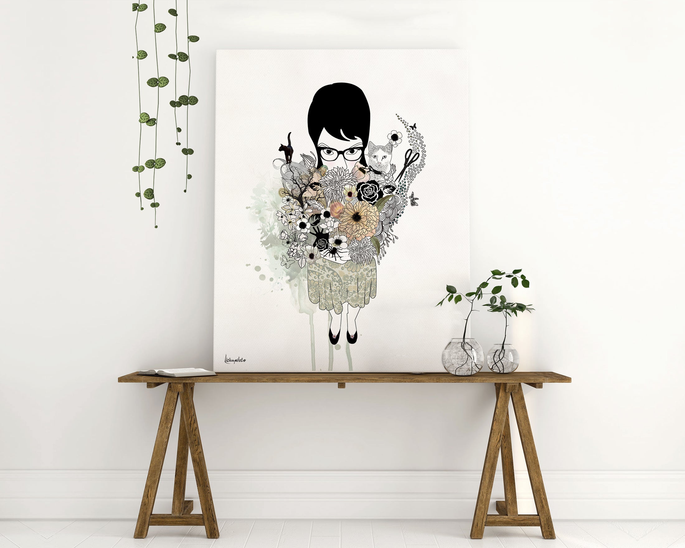 Painting of a black hair girl holding a bouquet of flowers cats and spider