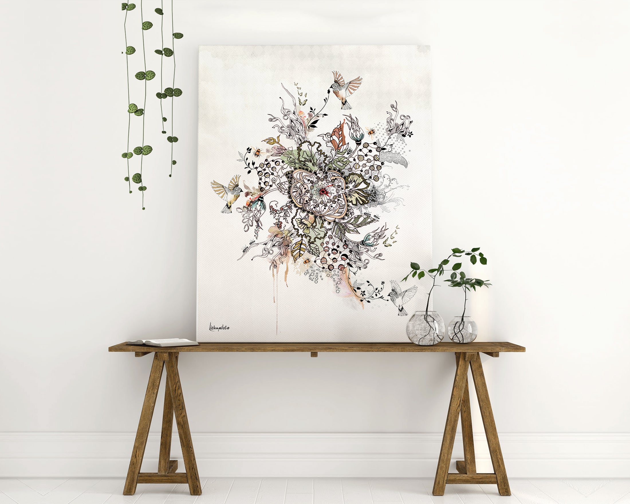Black and white flowers and birds painting