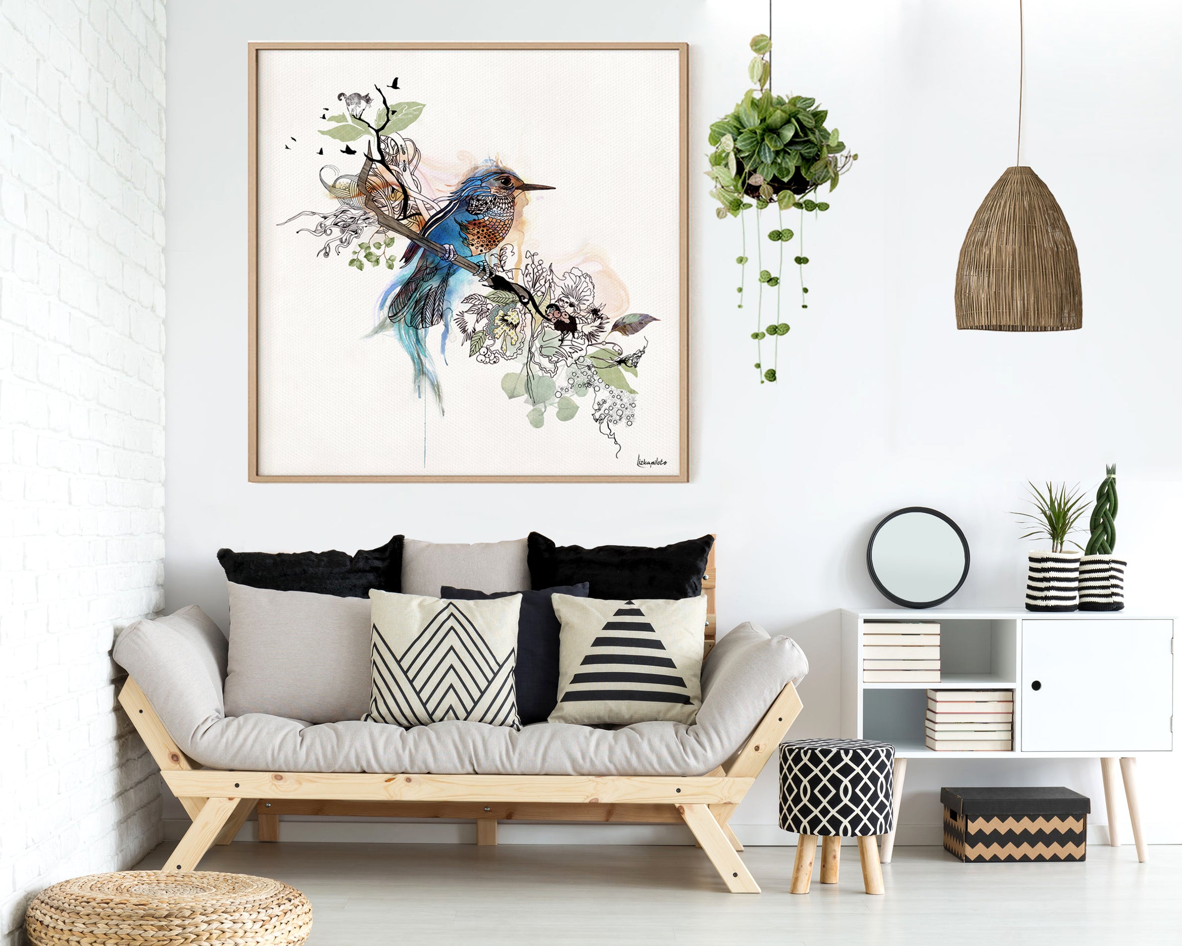A bluebird art, hanged on a bedroom wall