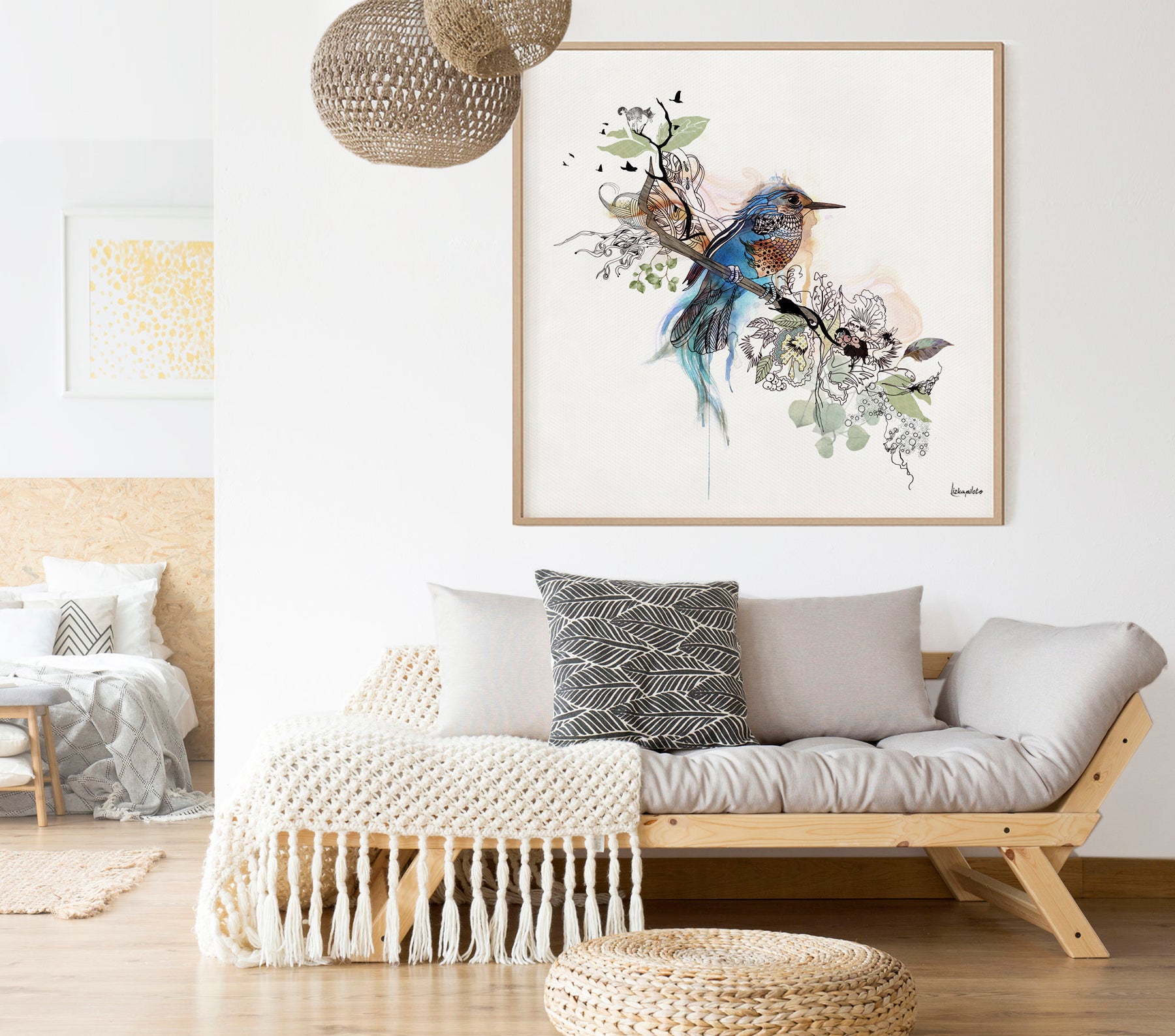A bluebird framed painting, hanged above sofa