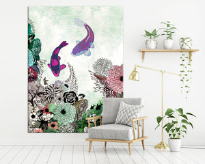 A large boho art of colorful koi fish painting, hanged on a white space