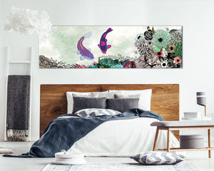 Panoramic painting of colorful koi fish and flowers, hanged above a bedroom bed