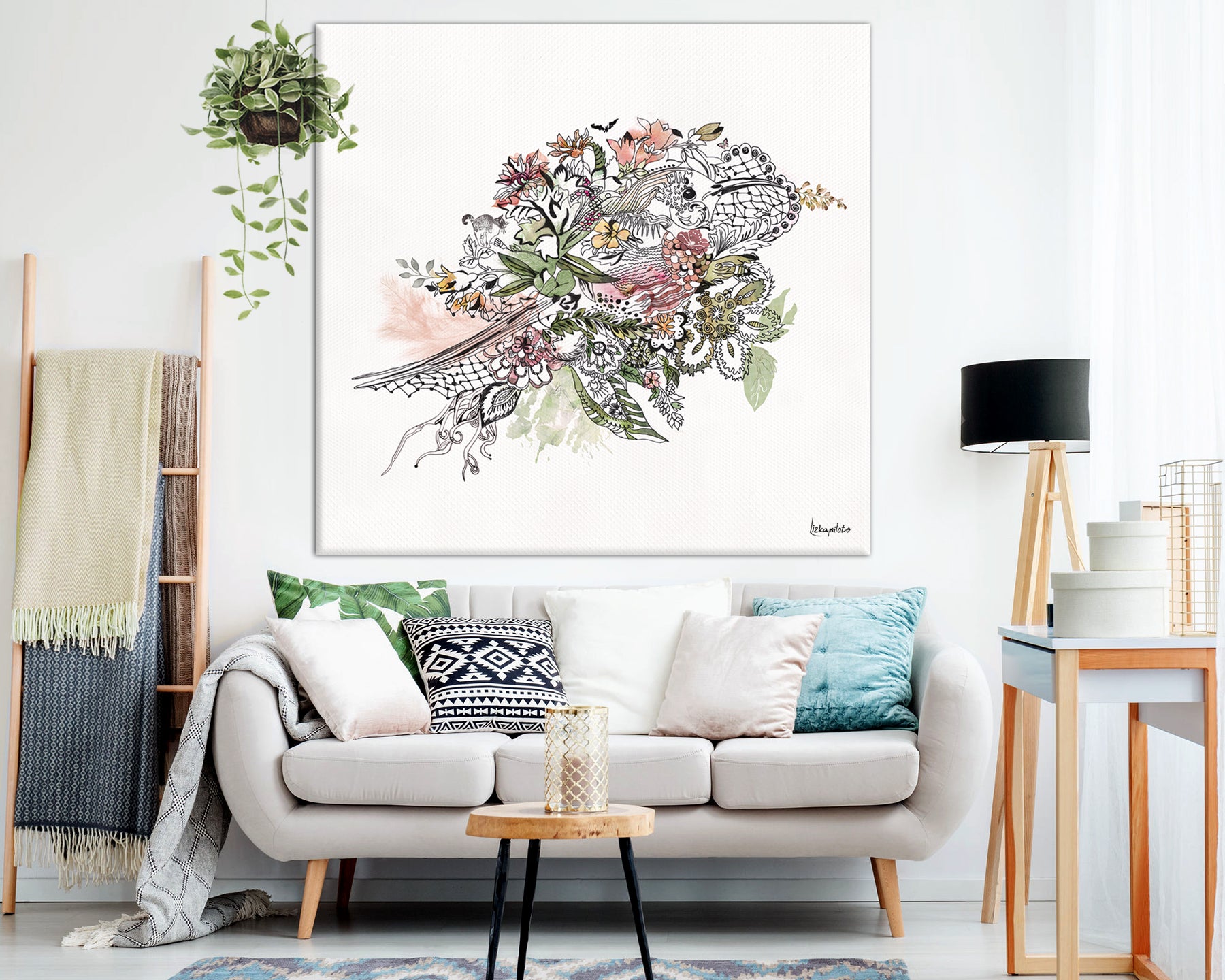 large watercolor bird painting ion living room wall